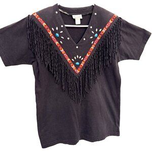 VINTAGE Dreams Black Fringe t shirt Red/Blue Turquoise embellished size L